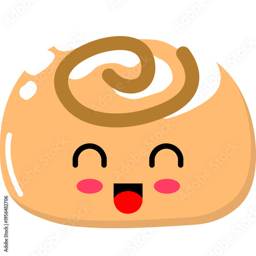 A smiling cartoon pastry with swirly topping and rosy cheeks appears happy.