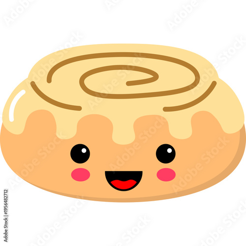 A cute cartoon cinnamon roll with icing smiles happily on a plate