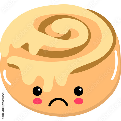 A cartoon cinnamon roll with a sad face is shown close-up on a white background.