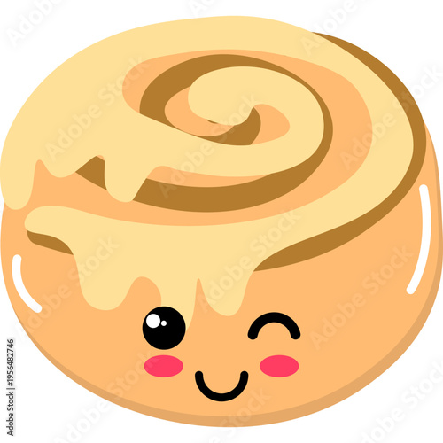 A cute cartoon cinnamon roll with icing and a smiley face