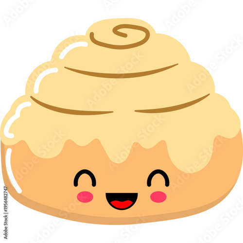 A cute cartoon pie with a swirly cream topping smiles happily on a plate