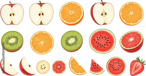 Fruit slices collection with apple orange kiwi watermelon grapefruit and strawberry fresh food vector illustration set