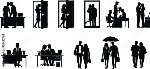 Creative Title: Romantic Professional Synergy and Intimate Workplace Connection Silhouettes