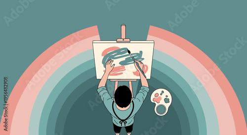 Illustration showcasing a painter in the act of creation amidst vibrant pastel rainbow hues
