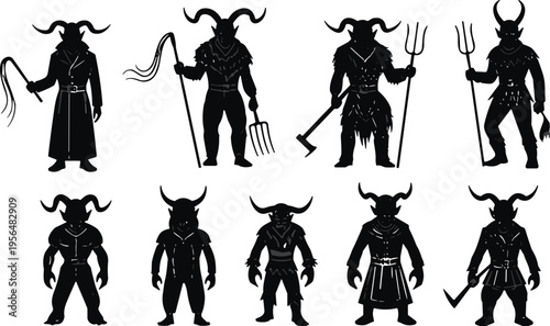 Black Krampus demon silhouettes set with horns pitchforks and whips isolated on white background for folklore horror and Christmas mythology.