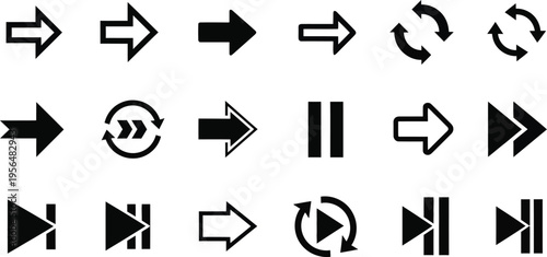 Collection of various black arrow and play icons on a white background