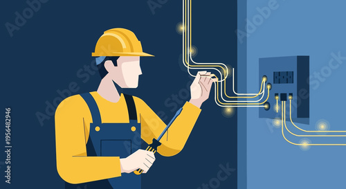 Illustration of an electrician connecting electrical wires wearing safety equipment and tools at