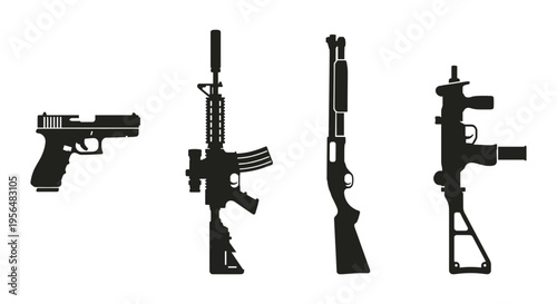 Set of black firearm silhouettes including handgun assault rifle shotgun and submachine gun isolated on white background