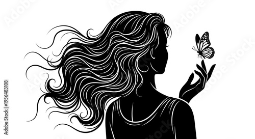 Elegant black silhouette of a woman with long wavy hair looking at a butterfly isolated on white background