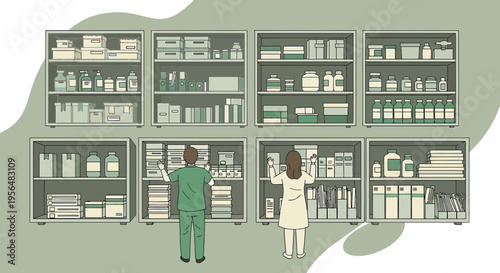 Illustration of healthcare professionals organizing supplies in storage shelving within a medical