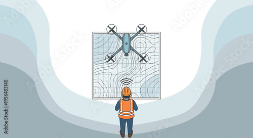 Illustration of land surveyor controlling drone with topographic map for land analysis project