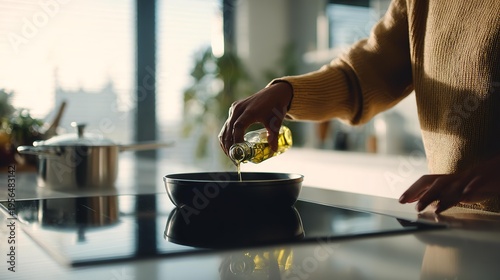 Man pours olive oil into hot frying pan closeup