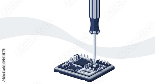 Illustration of precision technology with a screwdriver adjusting a chip for advanced engineering
