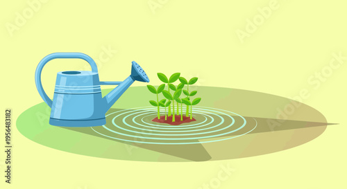 Illustration of nurturing new life with watering can and growing plant design concept