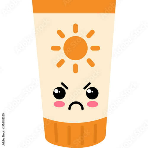 A cartoon tube of sunscreen with a frowning face and sun symbol on its label.