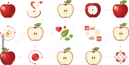 Apple health infographic collection with nutrition benefits vitamins fiber and fruit process vector illustration set
