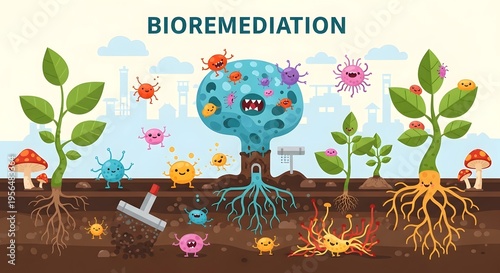 Bioremediation Process with Microbes and Plants Cleaning Contaminated Soil.