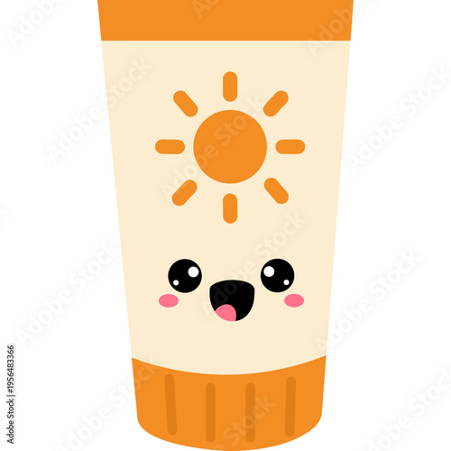 A cartoon tube of sunscreen with a smiling face protects skin from the sun outdoors.