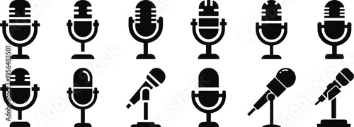 Black microphone icon collection, vintage and modern mic silhouette set, podcasting equipment vector, isolated audio recording graphics on white background, broadcast.