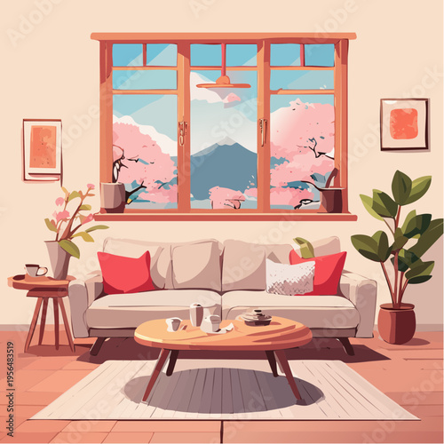 Japandi Wohnzimmer mit minimalistischer Einrichtung und warmen Naturtönen