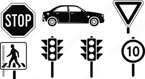 Black traffic road signs set, including stop sign, pedestrian crossing, traffic lights and car vector icons