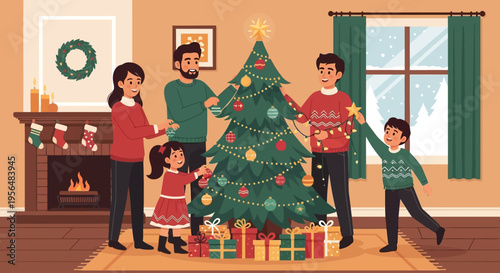 Family decorating Christmas tree together at home