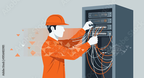 Illustrative depiction of a technician connecting cables to server racks for network maintenance