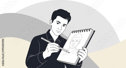 Illustrative depiction of a young man engrossed in drawing a portrait within his sketchbook