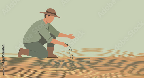 Illustrative depiction of a farmer sowing seeds in a field under a tranquil light green sky