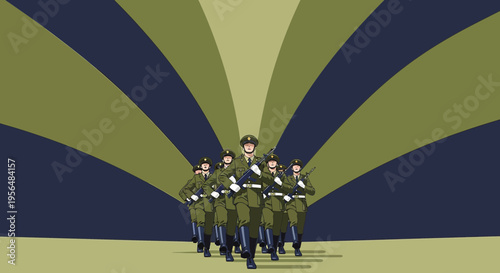 Illustrative depiction of a military squad advancing against a stylized backdrop of radiating colors