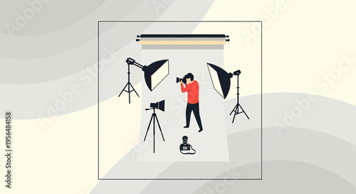 Illustrative depiction of a photographer at work in a professionally equipped studio space setting