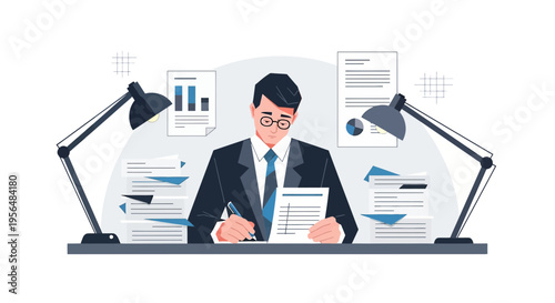 Illustrative depiction of a professional engaged in meticulous paperwork documentation and