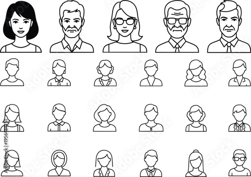 A diverse group of people illustrated in a simple line drawing style with varying facial features and hairstyles