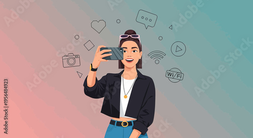 Illustrative young influencer capturing content on smartphone with social media icons
