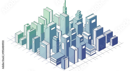 Imaginary cityscape crafted from educational books against a simple background