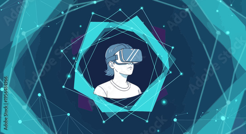 Immersive virtual reality experience illustration in abstract geometric environment