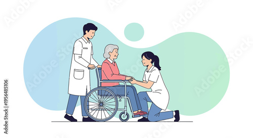 Illustrative image depicting healthcare professionals assisting a senior woman in wheelchair