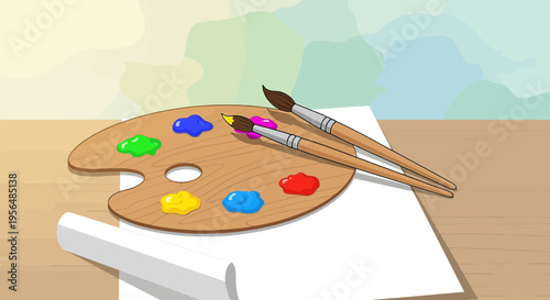 Illustrative painter's palette with vibrant paint blobs and art brushes on artist's desk setup