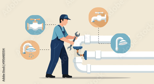 Illustrative plumber fixing pipe connections, showcasing plumbing expertise and maintenance process