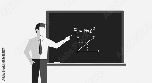 Illustrative presentation of physical concepts on a blackboard with a teacher figure demonstrating