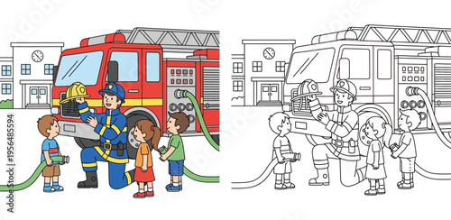 Firefighter Teaching Fire Safety to School Children with Fire Truck Illustration, Colored and Line Art Version for Kids Coloring Page