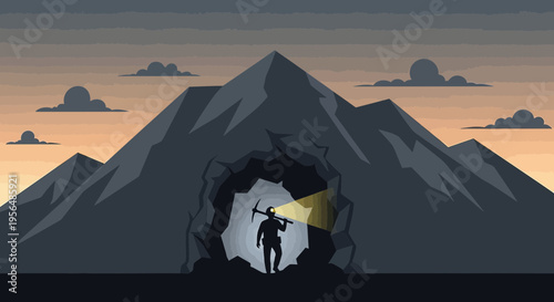 Intrepid miner exploring a mountain cave, illuminating the unknown depths with determination and