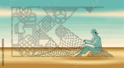 Intricate fishing net creation with knots and craftsman figure on a serene landscape