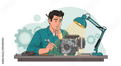 Intricate mechanical component repairman focused on the engine intricate work process