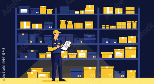 Inventory management illustration featuring a warehouse worker checking stock levels in a storage