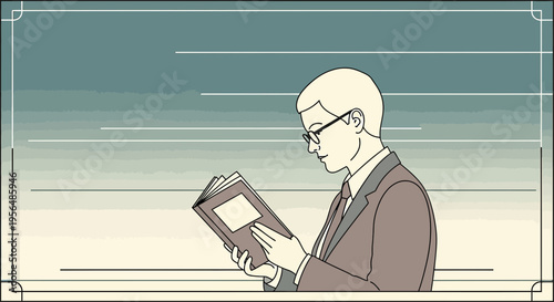 Introspective moment: A businessman engrossed in a book with retro modern aesthetic