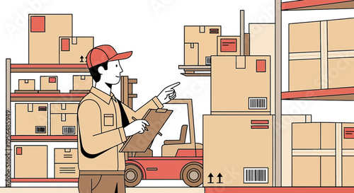 Inventory management illustration with warehouse worker and stacked cardboard boxes for shipping