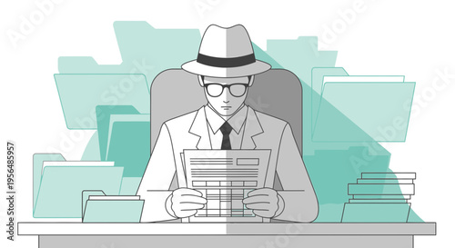 Investigative analysis of data and document review with detective in office