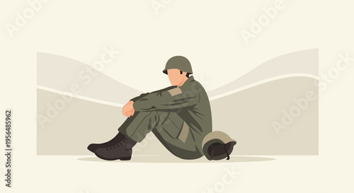Isolated soldier with helmet sits alone contemplating experiences during service