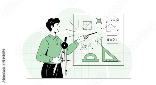 Instructor explaining geometric concepts in classroom with mathematical illustration